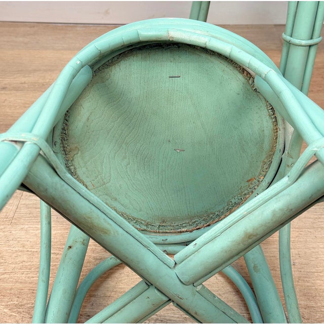 Vintage Coastal Rattan Turquoise Round Wicker Stools - A Pair For Sale - Image 13 of 13