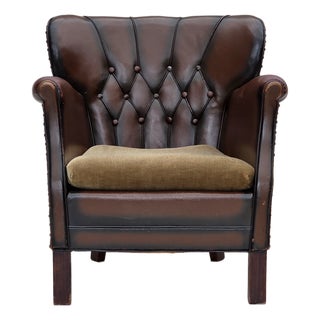 Vintage Danish Lounge Chair in Brown Furniture Leather and Velour, 1930s For Sale