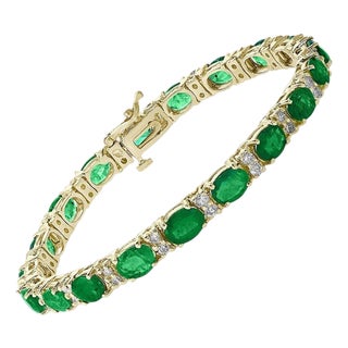 12 Ct Natural Brazilian Emerald & Diamond Tennis Bracelet 14 Karat Yellow Gold For Sale