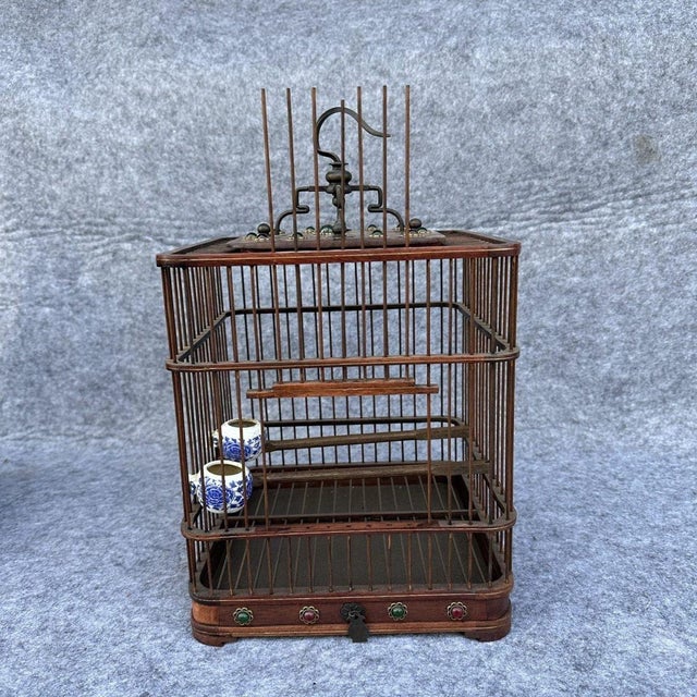 Asian Rosewood Birdcage With Blue & White Porcelain Feeders – Decorative Asian Accent For Sale - Image 3 of 9