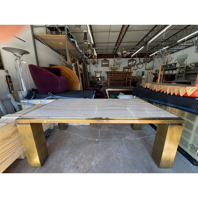 Metal 1970s French Modern Brass and Travertine Dining Table For Sale - Image 7 of 18
