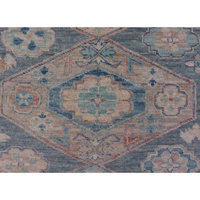 Textile Modern Oushak With Three Large Medallion Design on a Blue-Gray Field For Sale - Image 7 of 12