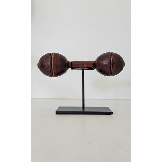 American Small Antique Wooden Dumb Bell on Iron Stand – Vintage Gym Décor, Sculptural Object, Industrial Accent For Sale - Image 3 of 6