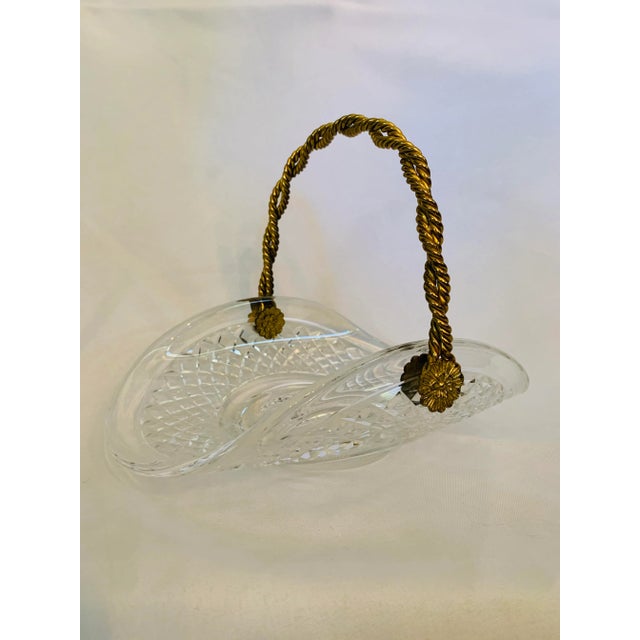 Vintage Mid Century Basket Inspired Cut Crystal Dish With Roped Brass Handle For Sale - Image 13 of 13