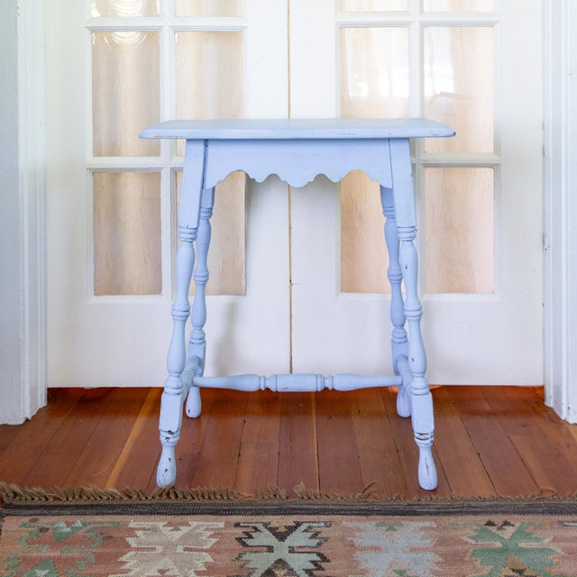 Sky Blue Early 20th Century Blue Painted Scalloped American Farmhouse Side Table For Sale - Image 8 of 18