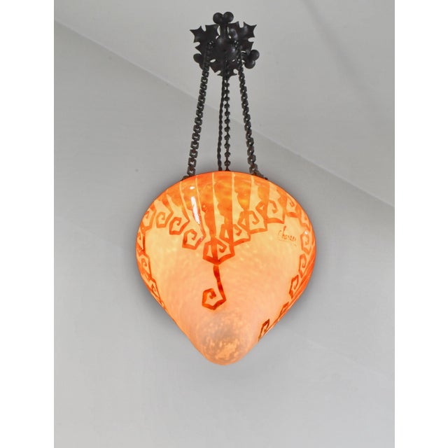 Metal French Art Deco Pendant Light by Le Verre Francais Schneider - 1925 Cameo Lantern France For Sale - Image 7 of 15