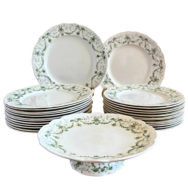 English Earthenware Lafayette Dinner Service with Green Ribbon and Floral Garlands from Ridgways, 1890, Set of 26 For Sale - Image 11 of 11