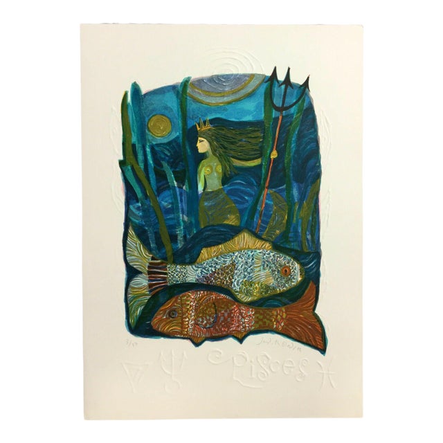 Mid Century Modern Unframed Pisces Zodiac Judith Bledsoe Hand Signed Lithograph For Sale