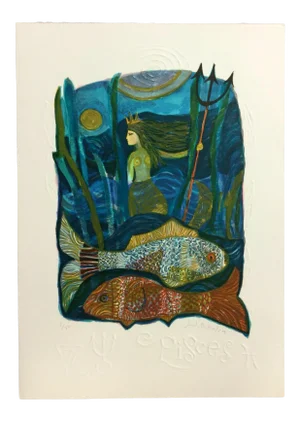 Mid Century Modern Unframed Pisces Zodiac Judith Bledsoe Hand Signed Lithograph