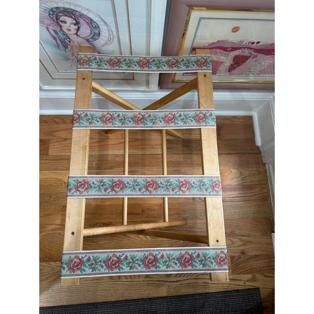 Late 20th Century Vintage Folding Luggage Rack / Quilt Stand With Floral Needlepoint Straps For Sale - Image 5 of 8