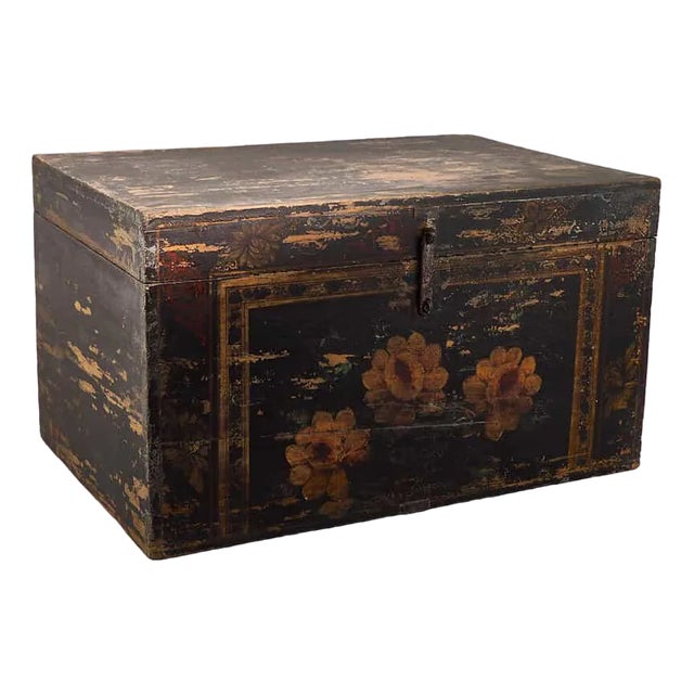 Chinese Wooden Chest with Floral Illustrations, 1900s For Sale