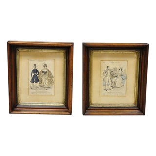 French 1830s Victorian Lithograph Print Couple Fashion Gown in Frames - A Pair For Sale