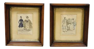 French 1830s Victorian Lithograph Print Couple Fashion Gown in Frames - A Pair