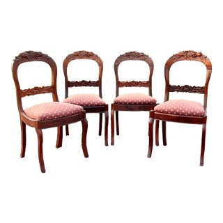 Early 20th Century Walnut Hand Carved Victorian Dining Chairs - Set of 4 For Sale