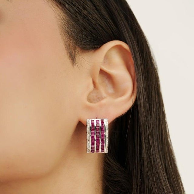Art Deco Style Multi-Row Square Ruby Diamond Panel Silver Stud Earrings- A Pair For Sale - Image 4 of 11