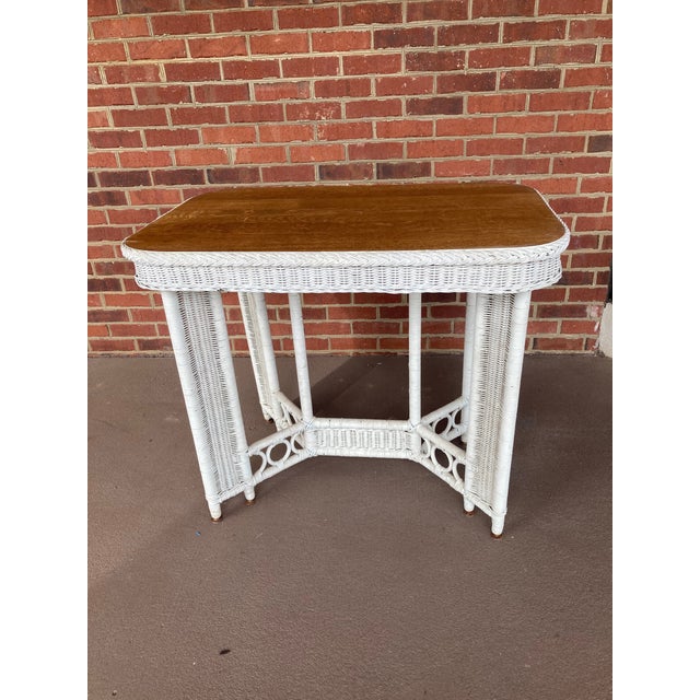 Shabby Chic Antique Heywood Wakefield Wicker Library Table With Quartersawn Oak Top For Sale - Image 3 of 6