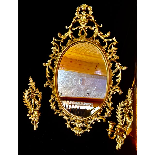 Mid 20th Century Set of 3, Rococo Style Giltwood Wall Mirror Set For Sale - Image 9 of 12