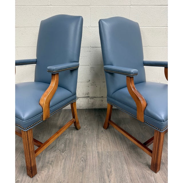 Vintage Chippendale Style Blue Leather and Nailhead Executive Armchairs - Pair For Sale - Image 9 of 11