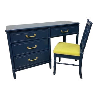 1960s Vintage Faux Bamboo Desk & Chair Set of 2 For Sale