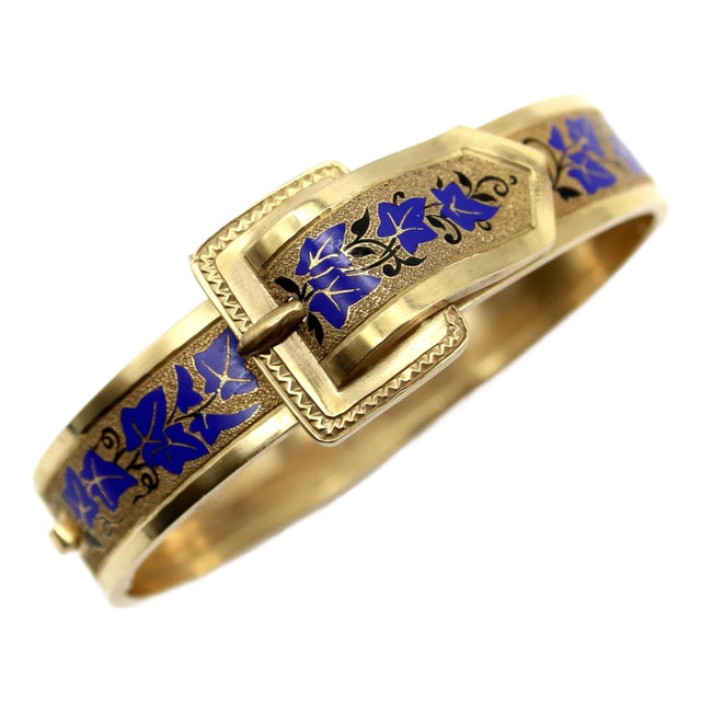 Late 19th Century 14k Gold Victorian Enameled Blue Ivy Buckle Bracelet For Sale