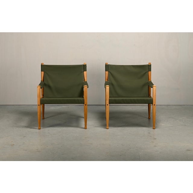 Niels Eilersen Vintage Danish Safari Chairs in Oak and Forest Green Canvas Fabric by Erik Wørts, 1970s, Set of 2 For Sale - Image 4 of 18