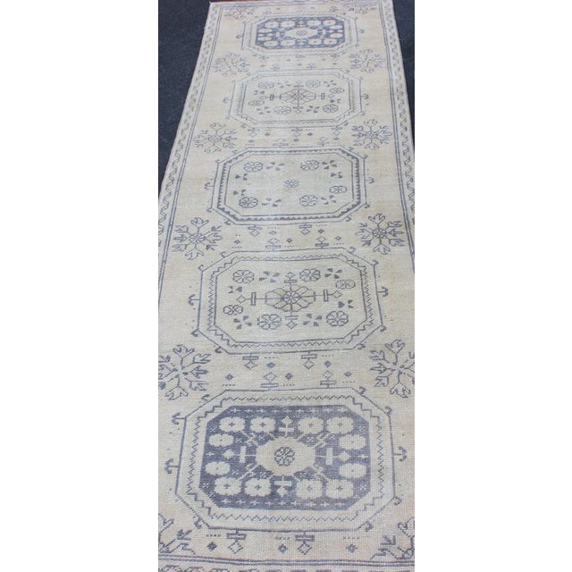 Vintage Turkish Oushak Runner in Medium Blue, Lt. Blue & Tan Background For Sale In Atlanta - Image 6 of 12
