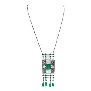 Antique Theodor Fahrner Sterling Silver, Malachite, & Pearl Jugendstil Necklace For Sale