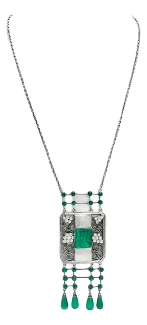 Antique Theodor Fahrner Sterling Silver, Malachite, & Pearl Jugendstil Necklace