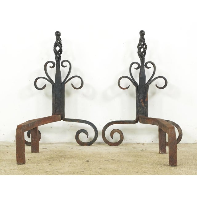 Black Pair of Antique French Wrought Iron Andirons For Sale - Image 8 of 9