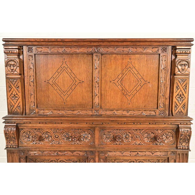 Antique English Jacobean Carved Oak Bar Cabinet, Circa 1920s For Sale - Image 10 of 18