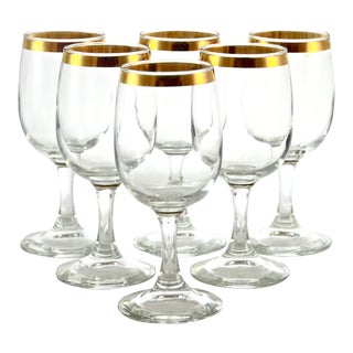 Gold Rim Stemmed Wine Glasses - Set of 6 For Sale