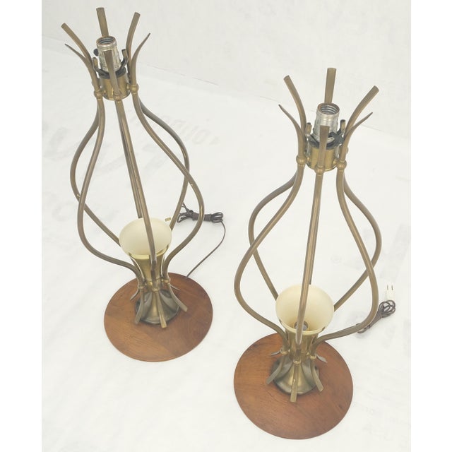 Pair of Onion Shape Turned Solid Walnut Bases Brass Harps Table Lamps MINT! For Sale - Image 11 of 13