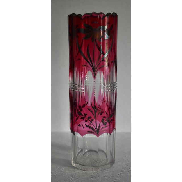 Glass Vintage Clear Crystal Vase Bohemian Ruby Cut Cylinder Etched Silver Overlay For Sale - Image 7 of 15