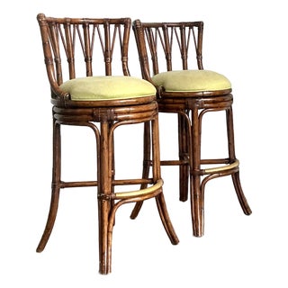 Vintage Boho Bent Rattan Bar Stools - A Pair For Sale