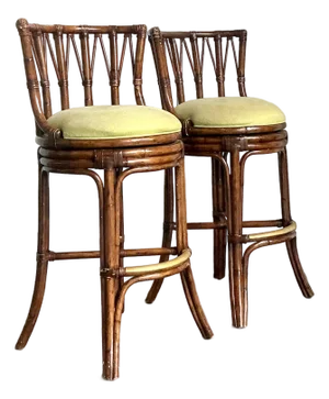 Vintage Boho Bent Rattan Bar Stools - A Pair