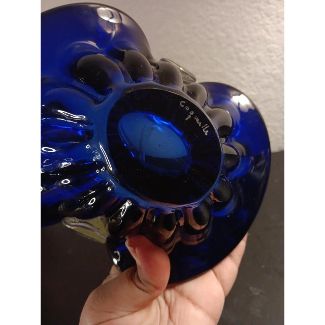 1980s Signed Flygsfors Coquille Sweden Cobalt Glass Basket For Sale - Image 4 of 8