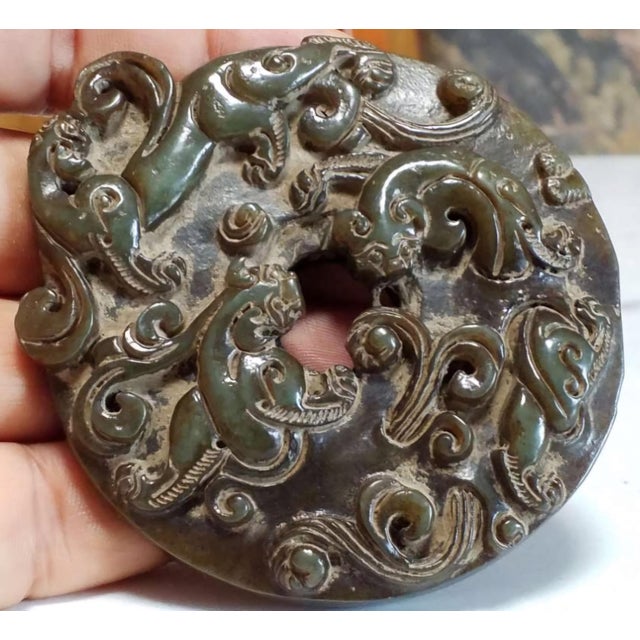 Green Antique Chinese Jade "Bi" Disk - Ritual Scroll For Sale - Image 8 of 12