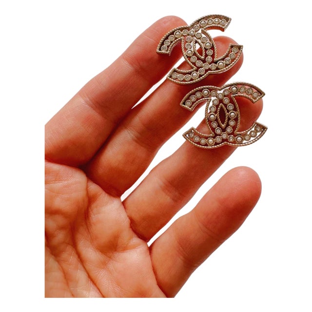 Vintage Chanel Rhinestone & Pearl Pierced Earrings, Pair For Sale