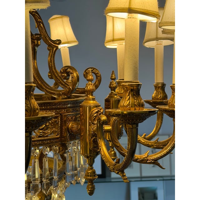 Bronze Antique Beaux Arts Bronze Crystal Basket 16 Light Chandelier Rewired For Sale - Image 8 of 15