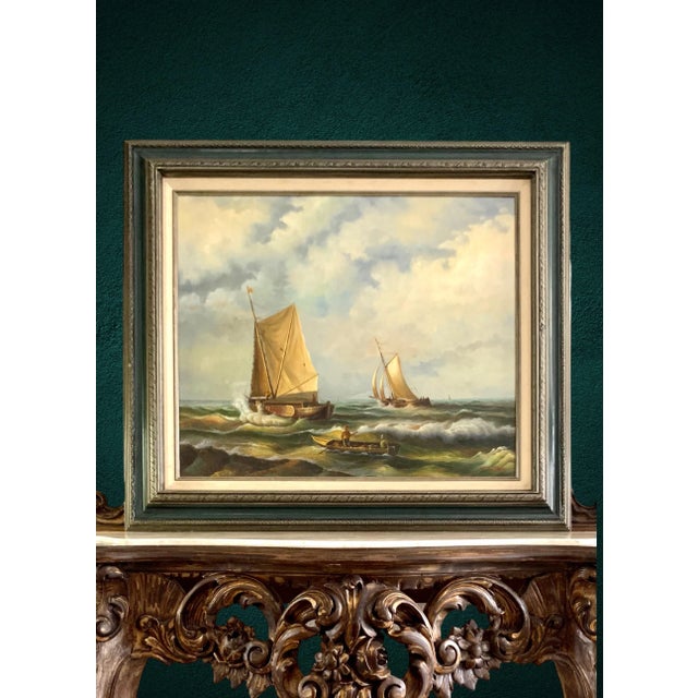 Green Early 20th Century Nautical Oil Painting, Boats on Fishing Trip, Signed E. Ponthier, Framed, 31"w For Sale - Image 8 of 9