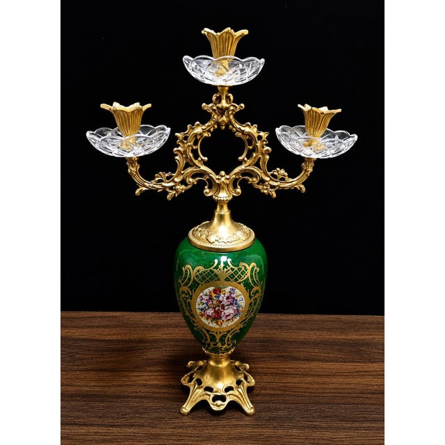 1960s French Rococo Candelabra Ornate Brass & Crystal Candle Holder 19"H For Sale - Image 4 of 6