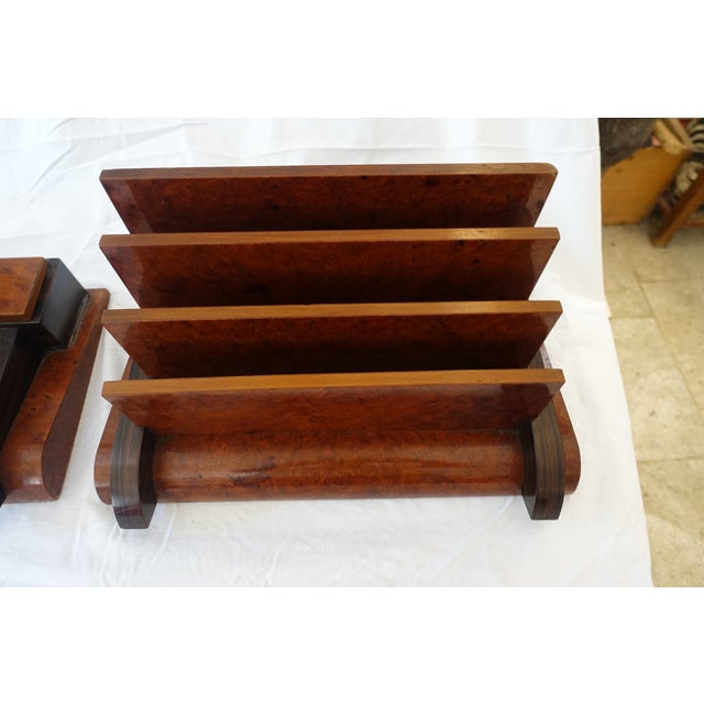 imposing, very typical art deco desk set, in a mail file and a pen holder and inkwell in burl walnut and mahogany veneer