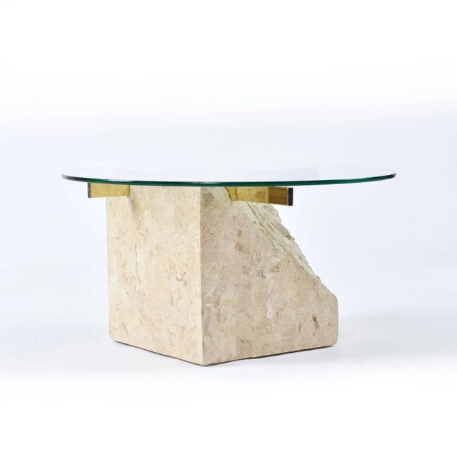Metal Round Glass Topped Tessellated Stone Brass Cantilever Coffee Table or Side Table For Sale - Image 7 of 15