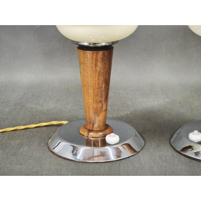 Cream Italian Opaline Glass, Wood and Chrome Table Lamps, 1950s, Set of 2 For Sale - Image 8 of 11