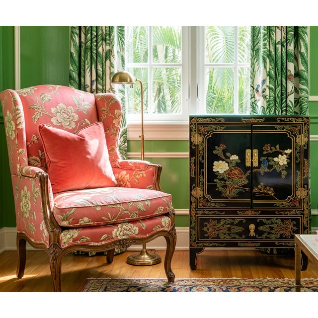 Chinoiserie Vintage Chinoiserie Black Lacquer Floral and Bird Cabinet For Sale - Image 3 of 10