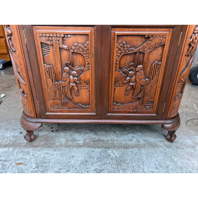 Wood 1960s George Zee Style Mid-Century Asian Heavily Hand Carved Flip Top Dry Bar Cabinet. For Sale - Image 7 of 12