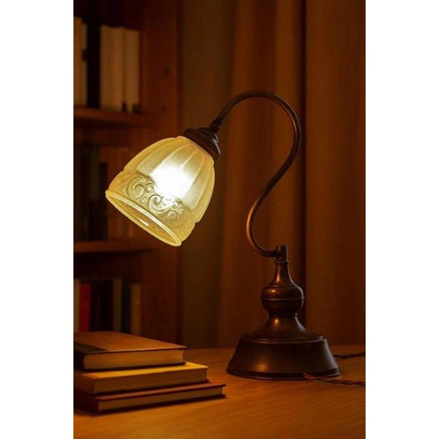Vintage French Art Deco Adjustable Bronze and Opaline Glass Table Lamp, 1930s For Sale - Image 4 of 18