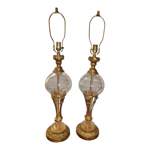 Vintage Neoclassical Brass Glass Lamps- a Pair For Sale