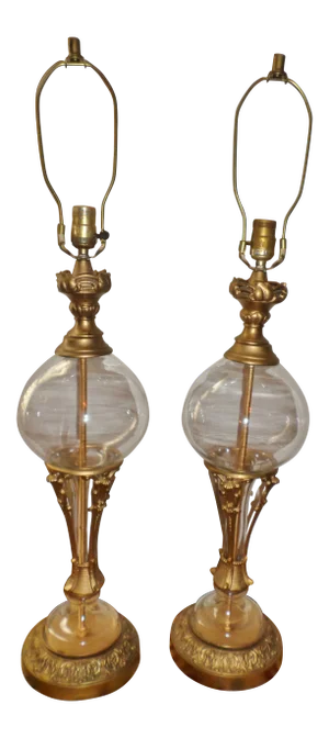 Vintage Neoclassical Brass Glass Lamps- a Pair
