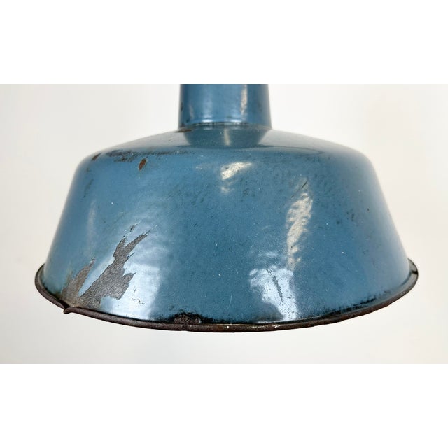 Industrial Blue Enamel Factory Lamp with Cast Iron Top, 1960s For Sale - Image 4 of 16